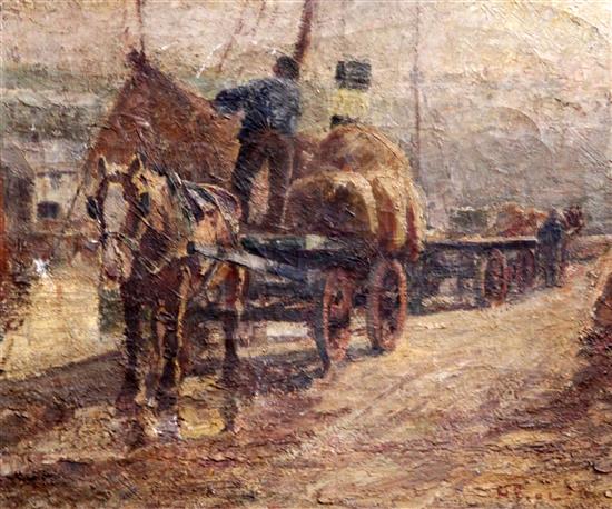 Harry Fidler (1856-1935) Carts alongside a wharf 46 x 54cm